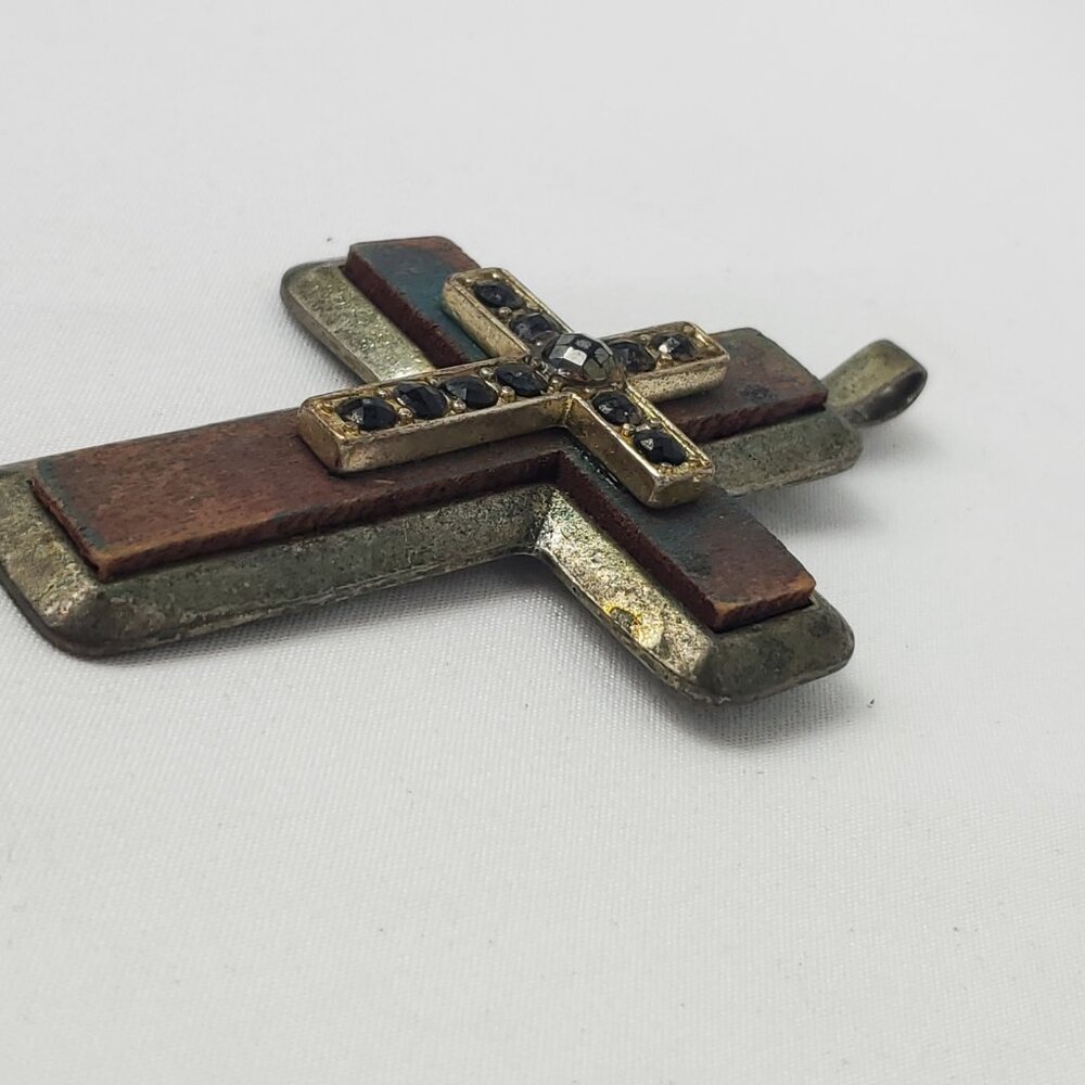 Metal & Wooden Rhinestone Large Cross Pendant - Picture 4 of 8